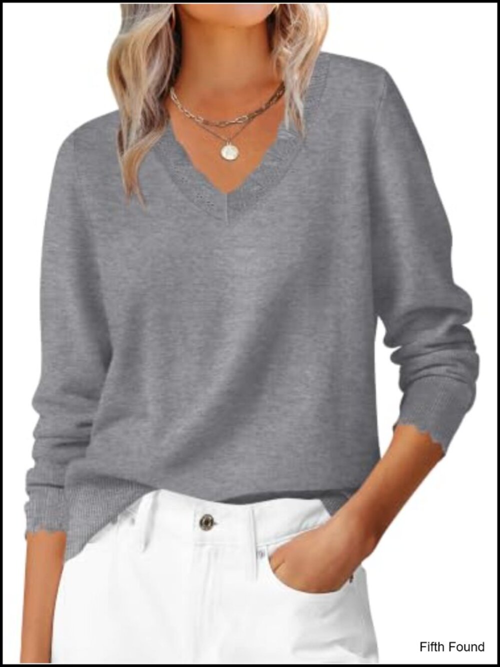 Women's Scalloped V-Neck Long Sleeve Knit Pullover Sweater Lightweight Soft